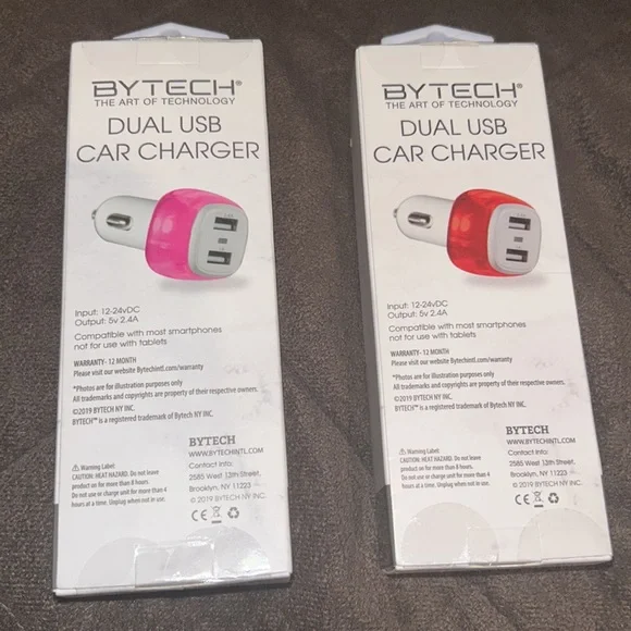 NEW IN BOX - 2.4 AMP DUAL USB CAR CHARGER (TWO!!) PINK AND RED - BYTECH - Picture 6 of 6